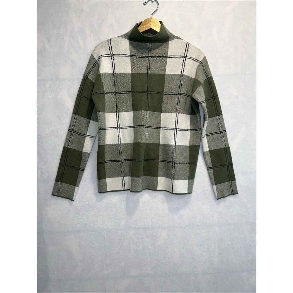 Rachel Zoe Sweater Women's M Green Beige Plaid Funnel Neck Pullover Long Sleeves